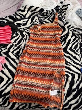 One-Shoulder Orange Aztec Knit Dress with slit